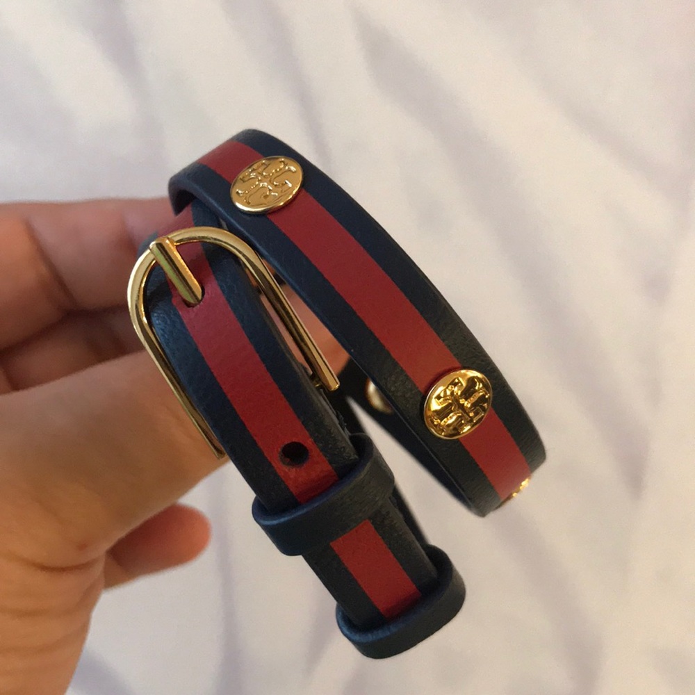 Tory Burch Stripe Red Navy Double Wrap Bracelet